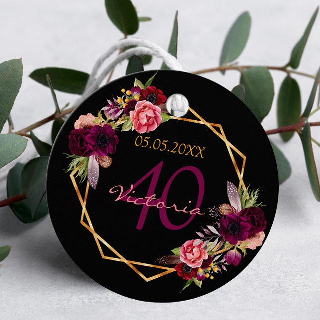 Svart guld blommigt-burgundi på födelsedagen tack gåvor etiketter (Skapare uppladdad)