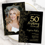 Svart Guld-Blommigt - foto 50:e Födelsedagsfesten Inbjudningar<br><div class="desc">Black guld blommigt 50:e Födelsedagsfest inbjudan med ditt foto på baksidan av kortet. Minimalistisk modern design med botaniska konturaccenter för teckning, faux guld-folie och typografi-skript. Enkel inbjudan-kortsperfekt för trendig för en snyggt kvinna på dagen firande. Kan anpassas till vilken ålder som helst. Skrivna Zazzle-inbjudningar eller digital utskrivbar mall för omedelbar...</div>