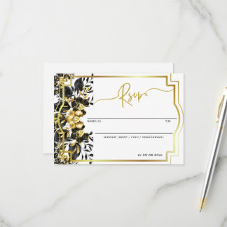 Svart Guld-Blommigt Geometric Monogram Bröllop ba OSA Kort