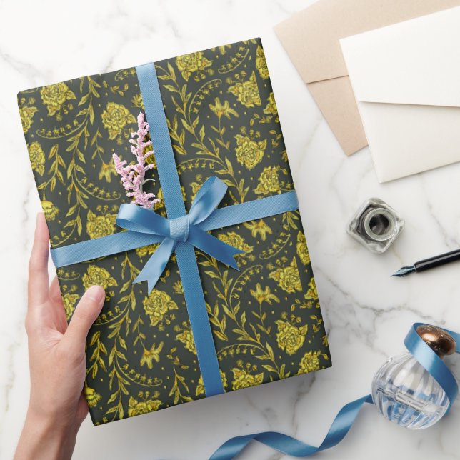 Svart & Guld blommigt inslagspapper Presentpapper (Gifting)