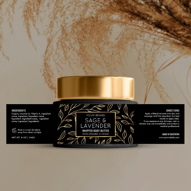 Svart & Guld Blommigt Kosmetisk Burk-vågskiktsetik Vattenflaska Etikett (Elegant black and gold floral cosmetic jar wraparound label design with faux gold effects)
