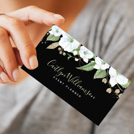 Svart Guld Blommigt Watercolor Script Elegant Mode Visitkort