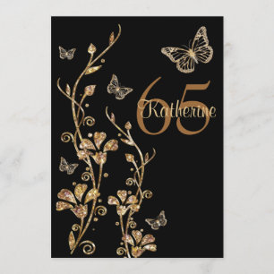 Svart, Guld Blommor och Butterflies-65e Inbjudan
