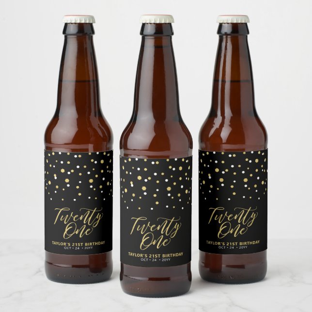 Svart & Guld Bokstavsdesign 21-årsfest Öl Bo Ölflaska Etikett (Flaskor)