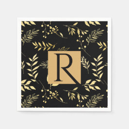 Svart & Guld Botanisk Glamour Bröllopsmonogram Pappersservett
