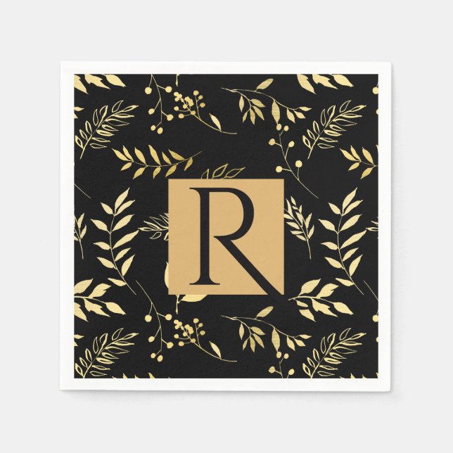 Svart & Guld Botanisk Glamourös Bröllopsmonogram Pappersservett (Framsidan)