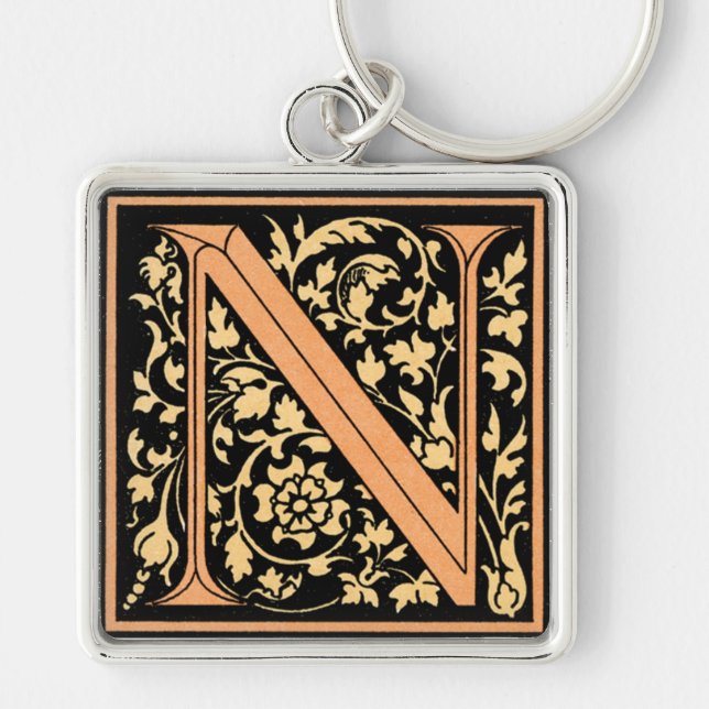 Svart & guld- brev "N" - Keychain Fyrkantig Silverfärgad Nyckelring (Framsidan)