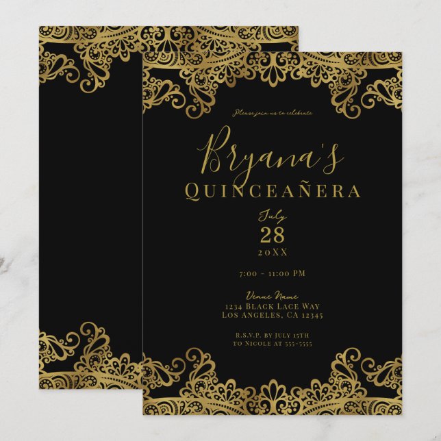 Svart & Guld Broderat Elegant Quinceañera-fest Inbjudningar (Fram/baksida)