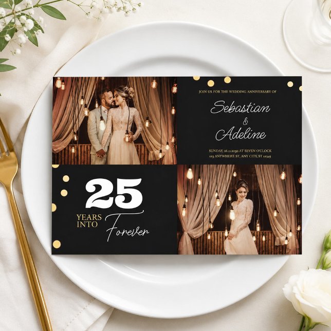 Svart & Guld Bröllopsjubileum Foto Collage Inbjudningar (Black & Gold Wedding Anniversary Photo Collage Invitation, Couple Anniversary, Parents Anniversary)