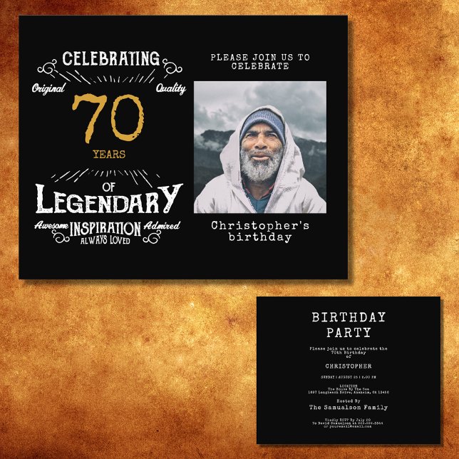 Svart Guld budget 70:e födelsedagsinbjudan Flygblad (Celebrate the golden age of your loved one's life with this budget-friendly 70th birthday invitation)