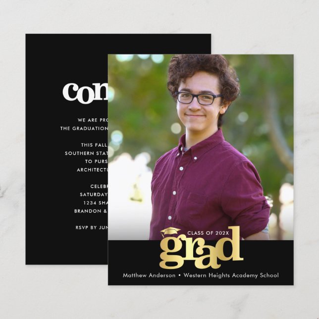 Svart Guld Budget Foto Examen Fet Keps Inbjudan (Fram/baksida)