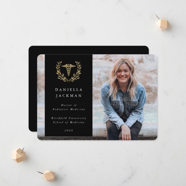 Svart/Guld Caduceus Medical School Photo Meddelande (Fram/Back In Situ)