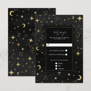 Svart & Guld Celestia Månstjärnor Bröllop RSVP OSA Kort