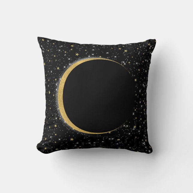 Svart & Guld Celestial Månmagi Lunar Stjärnor Kudde (Framsida)
