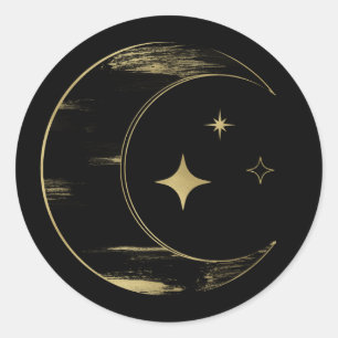 Svart & Guld Celestial Månstjärnor Bröllop Runt Klistermärke