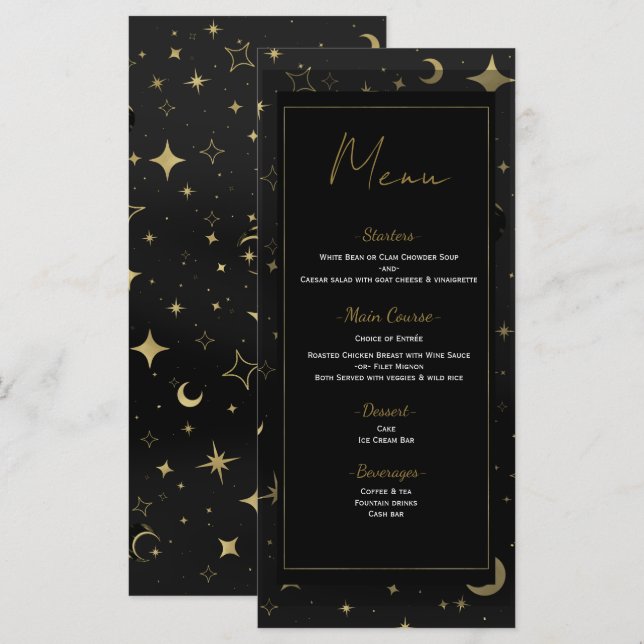 Svart & Guld Celestial Månstjärnor Bröllopsmeny Meny (Fram/baksida)