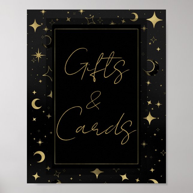 Svart & Guld Celestial Moon Stars Bröllop  Poster (Framsidan)