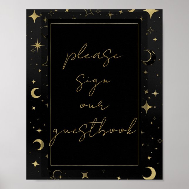 Svart & Guld Celestial Moon Stars Bröllop  Poster (Framsidan)