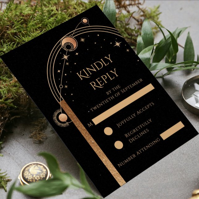 Svart Guld Celestial Sol Måne Stjärnor Bröllop OSA Kort (Skapare uppladdad)