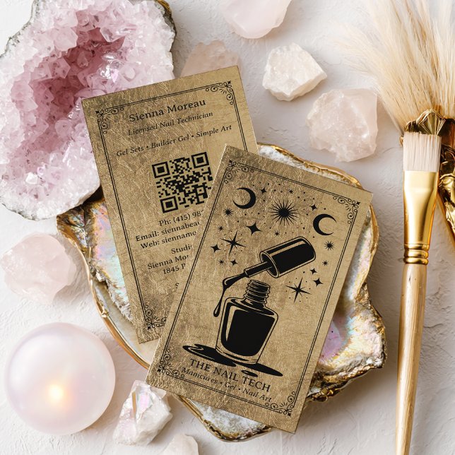 Svart Guld Celestial Tarot Nagelkonstnär QR-kod Visitkort (Black Gold Celestial Tarot Nail artist QR Code Business Card)