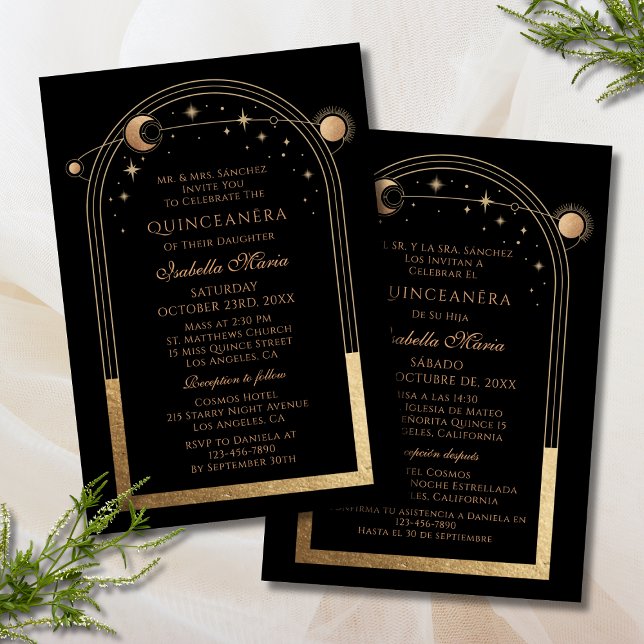 Svart Guld Celestial Tvåspråkig Quinceañera Inbjudningar (Skapare uppladdad)