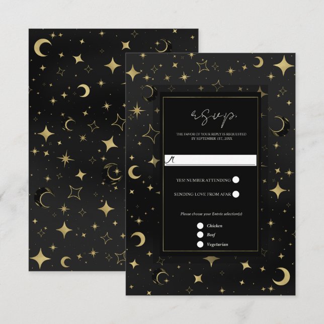 Svart & Guld Celestiala Månstjärnor Bröllops RSVP OSA Kort (Fram/baksida)