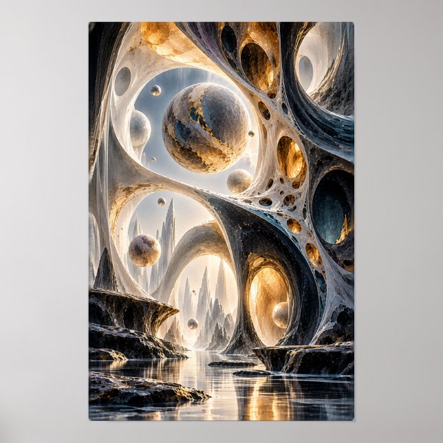 Svart Guld Celestiala Sfärer Surreal Väggkonst (Framsidan)