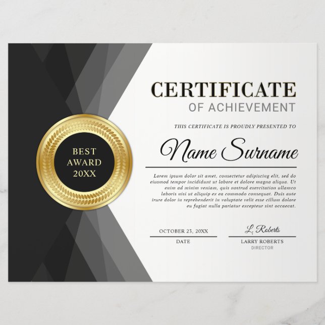 Svart & Guld certifikat för Achievement Award (Framsida)