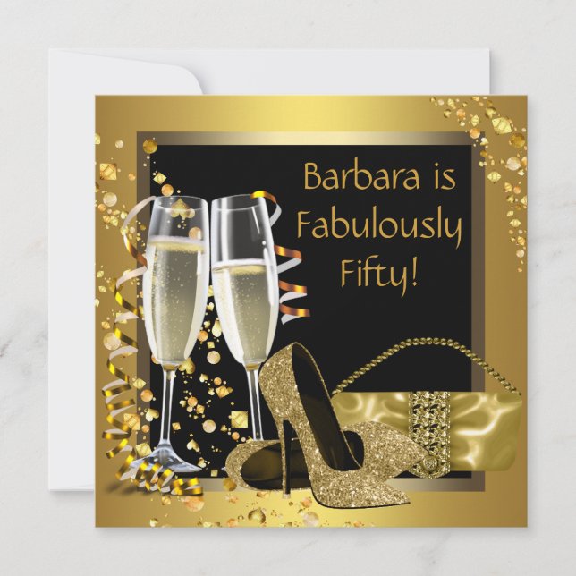 Svart Guld Champagne Födelsedagsfest Inbjudningar (Framsida)