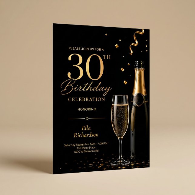 Svart & Guld Champagne Glam Elegant 30-årsdag Inbjudningar (Skapare uppladdad)
