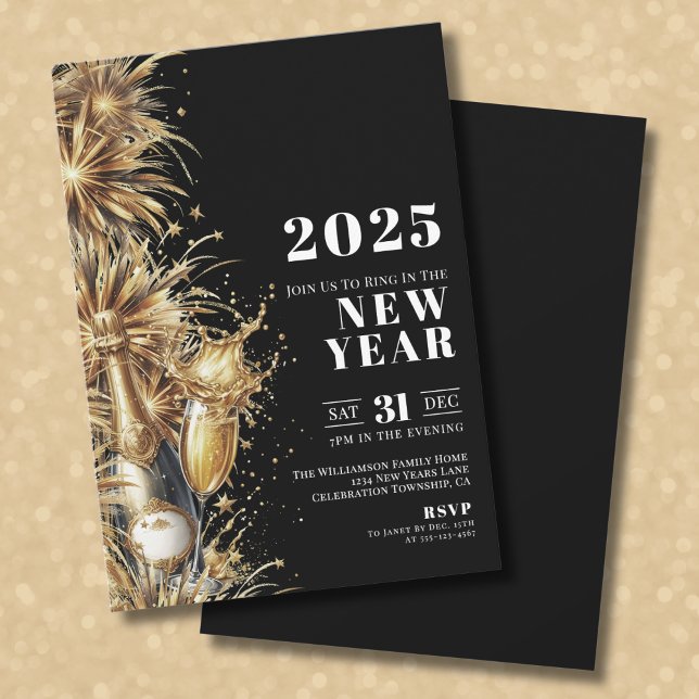 Svart Guld Champagne Nyårsfest Inbjudningar (Black Gold Champagne New Year's Eve Party Invitation)