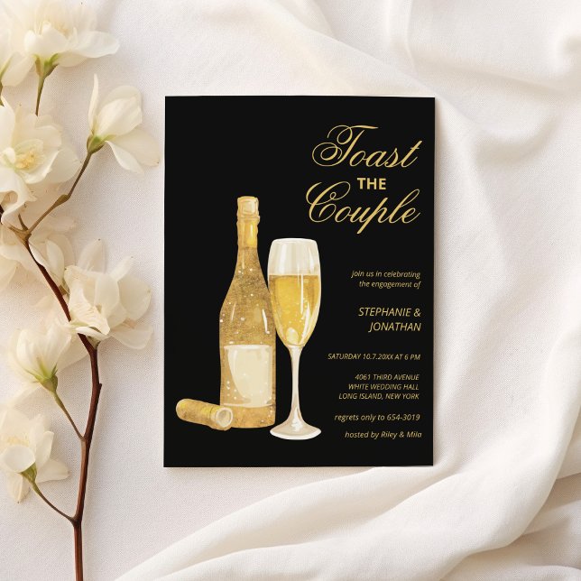 Svart guld-champagneskaka Förlovningsfest Inbjudningar (Luxury black gold champagne toast Engagement Party)