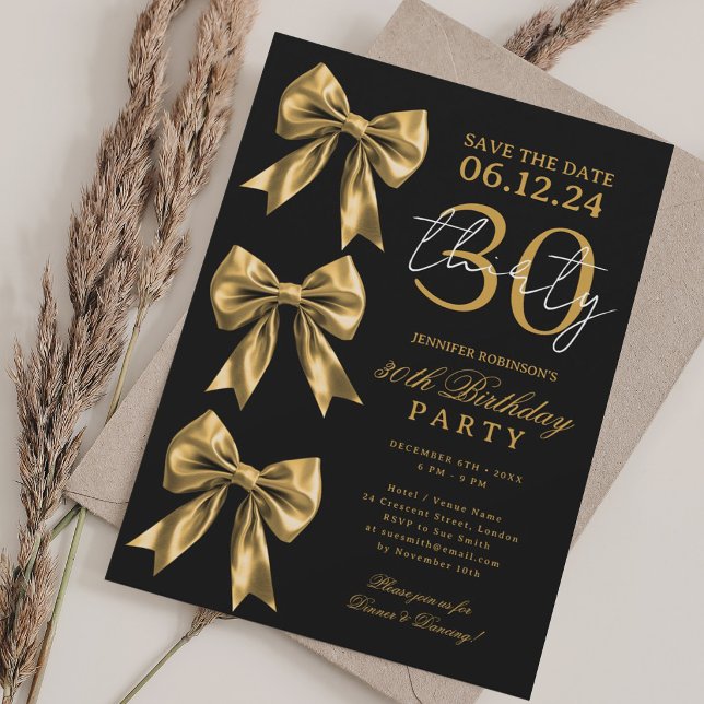 Svart Guld Coquette Bow Save Date 30-årsdag Inbjudningar (Skapare uppladdad)