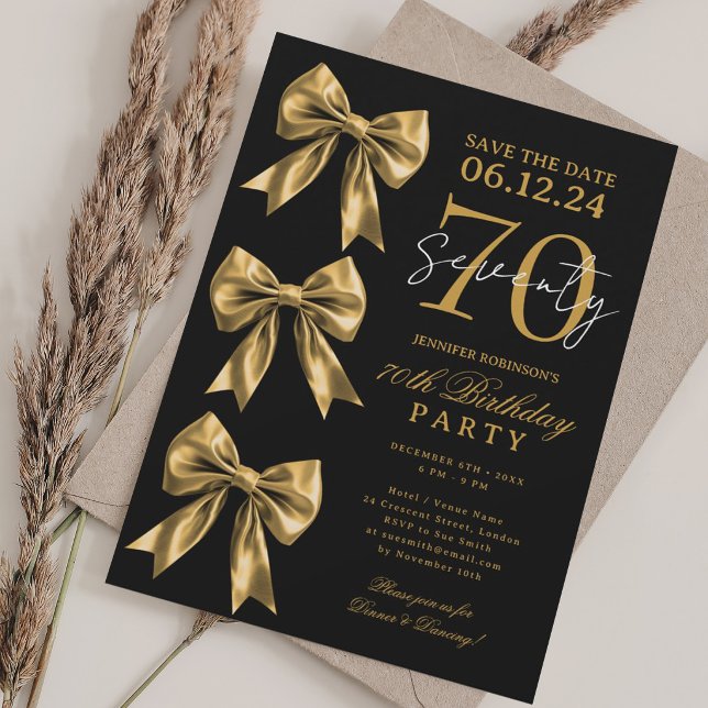 Svart Guld Coquette Bow Save Date 70-årsdag Inbjudningar (Gold Coquette Bow Save Date 70th Birthday Black Invitation)