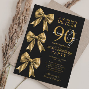 Svart Guld Coquette Bow Save Date 90-årsdag Inbjudningar