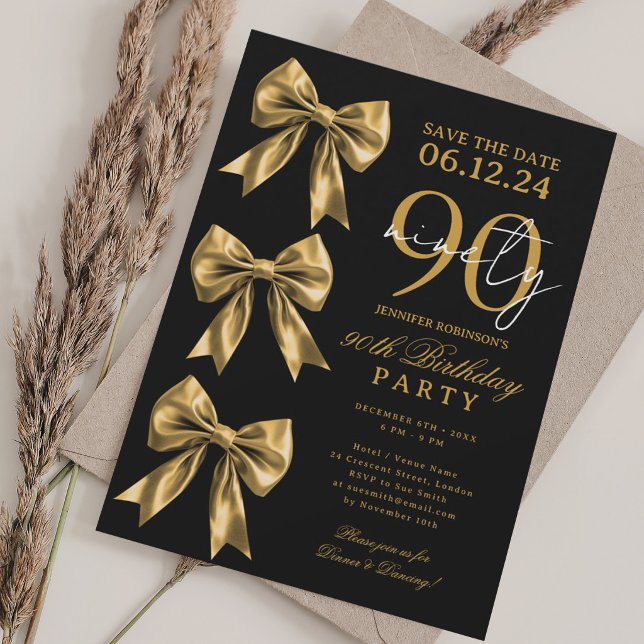 Svart Guld Coquette Bow Save Date 90-årsdag Inbjudningar (Gold Coquette Bow Save Date 90th Birthday Black Invitation)