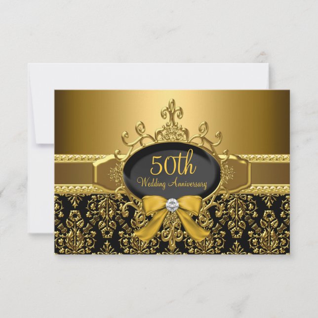 Svart & Guld Damask 50-årsjubileum RSVP OSA Kort (Framsida)
