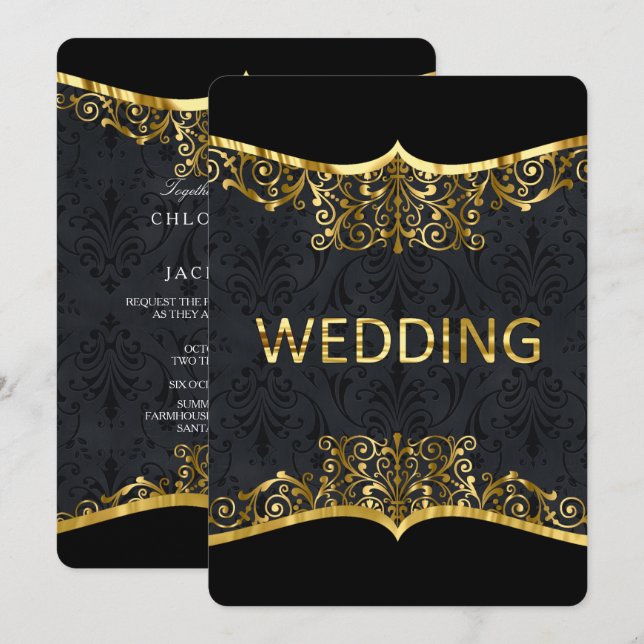 Svart Guld Damask Bröllop Elegant Inbjudan Framsid (Fram/baksida)