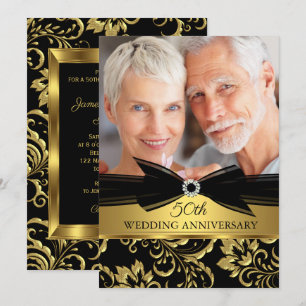 Svart Guld Damask Bröllopsjubileumsfoto Inbjudningar