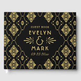 Svart Guld Damask Bröllopsmonogram Gästböcker