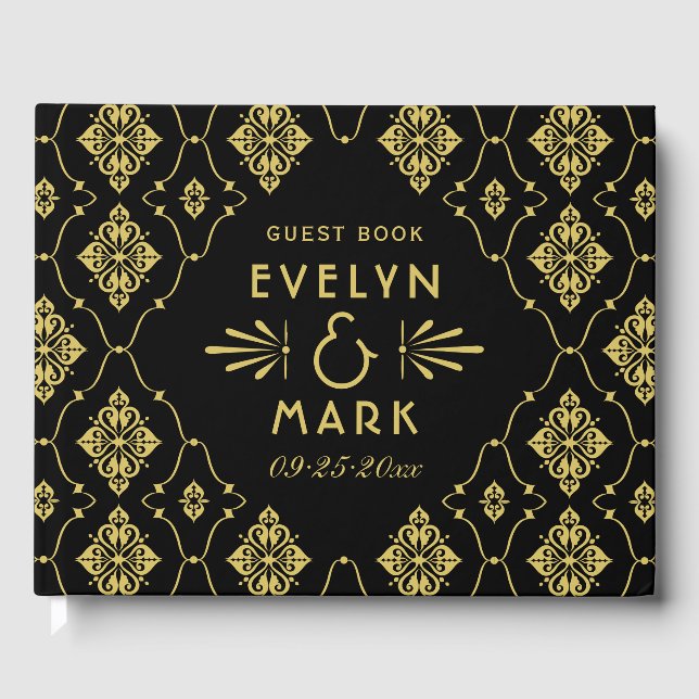 Svart Guld Damask Bröllopsmonogram Gästböcker (Framsida)