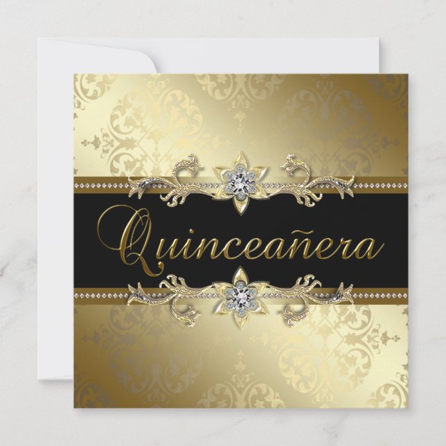 Svart Guld Damask Quinceanera Inbjudningar (Framsida)