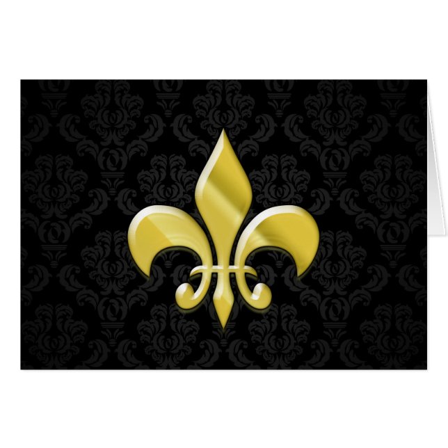 Svart/guld- Damast Fleur de Lis Hälsningskort (Framsidan Horizontal)