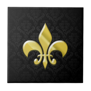 Svart/guld- Damast Fleur de Lis Kakelplatta