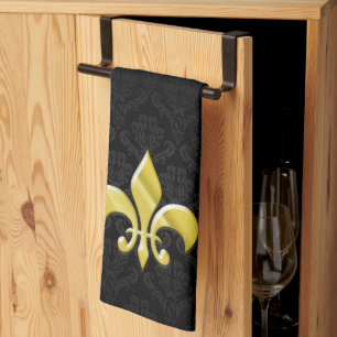 Svart/guld- Damast Fleur de Lis Kökshandduk