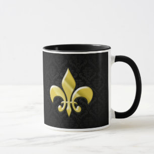 Svart/guld- Damast Fleur de Lis Mugg