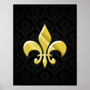 Svart/guld- Damast Fleur de Lis Poster
