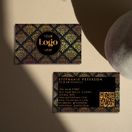 Svart & Guld Damast Randig Anpassad Logotyp QR-kod Visitkort