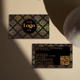 Svart & Guld Damast Randig Anpassad Logotyp QR-kod Visitkort