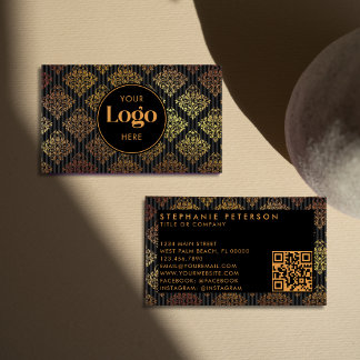 Svart & Guld Damast Randig Anpassad Logotyp QR-kod Visitkort